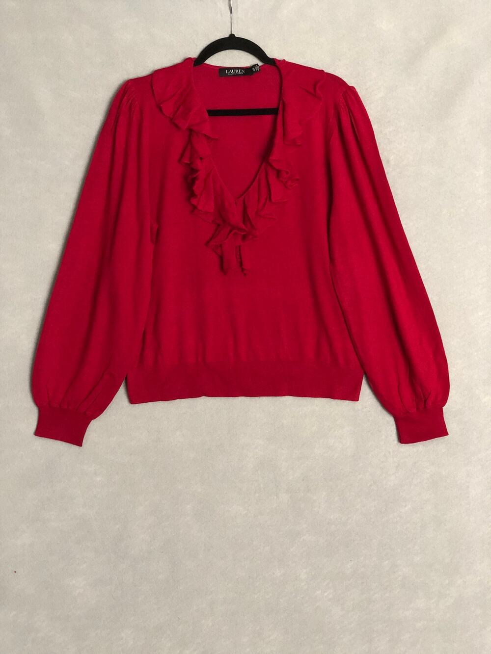Lauren Ralph Lauren Ruffle V-Neck Top Cotton Blend Red Women's Large NEW